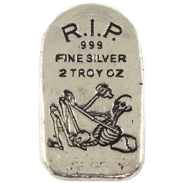 2oz Monarch Precious Metals Skeleton Tombstone .999 Fine Silver Art Bar (Tax Exempt)