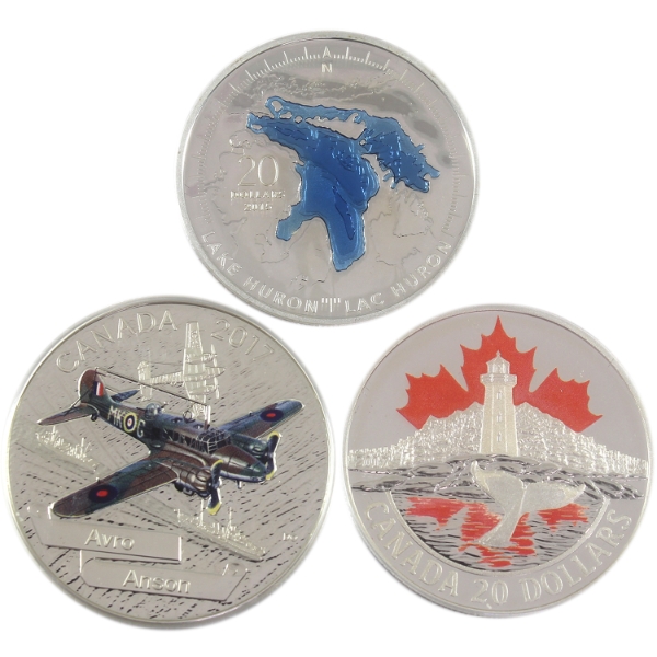 2015 & 2017 $20 1oz .9999 Fine Silver Coins w/ Selective Colour. 3pcs. (Tax Exempt)