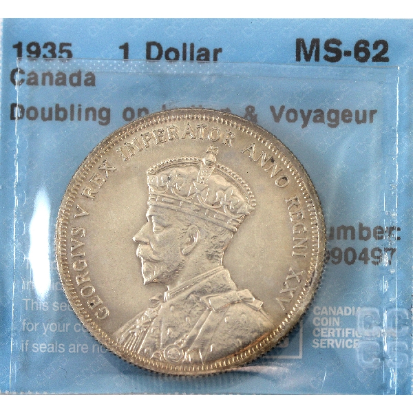 Silver $1 1935 Doubling on Indian & Voyageur CCCS MS62