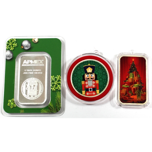 3x 1oz APMEX Holiday Themed .999 Fine Silver Bars & Round. 3pcs. (Tax Exempt)