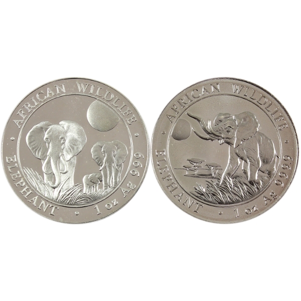 2x 1oz Somali Republic 2014 & 2016 100 Shillings African Wildlife- Elephant Fine Silver Rounds.