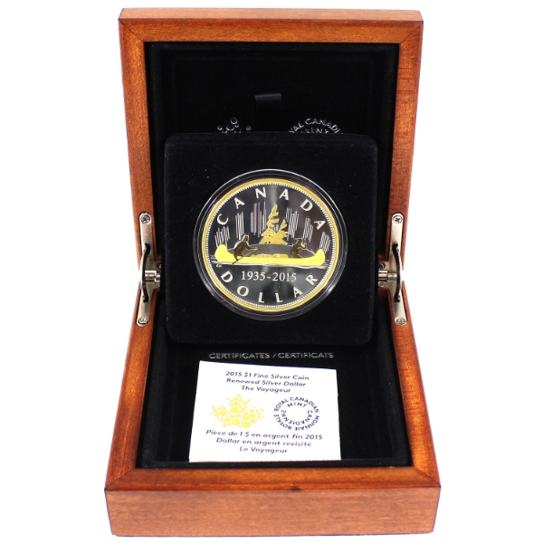 2015 $1 Renewed Silver Dollar: The Voyageur 2oz .9999 Fine Silver Coin w/ Selective Gold Plating