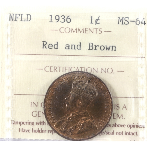Newfoundland 1-cent 1936 ICCS MS64 Red & Brown