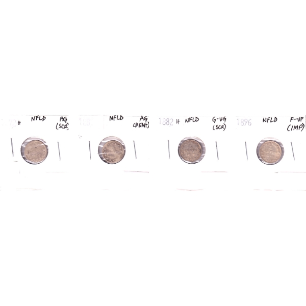 Newfoundland 5-cent 1872H, 1881, 1882H & 1896 in 4-Pocket Sheet AG to F-VF. 4pcs