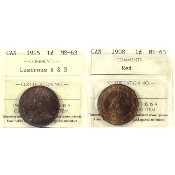 1-cent 1908 Red, & 1915 Lustrous Red & Brown ICCS MS63. 2pcs.