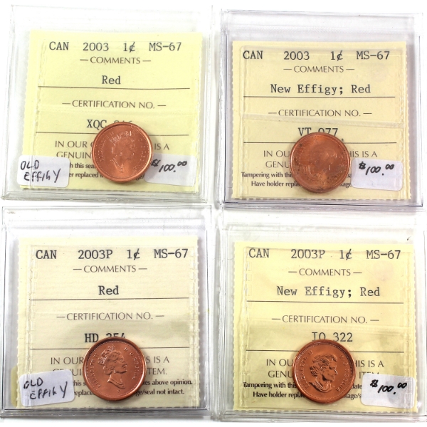 1-cent 2003 Old & New Effigy & 2003P Old & New Effigy ICCS MS67 Red. 4pcs