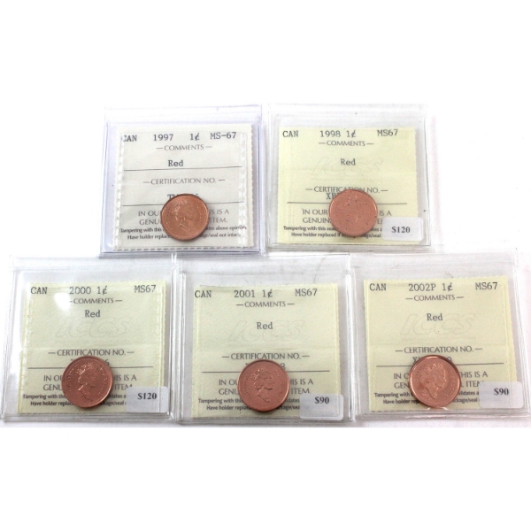 1-cent 1997, 1998, 2000, 2001 & 2002P ICCS MS67 Red. 5pcs