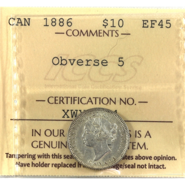 10-cent 1886 Obv 5, Large Pointed 6 ICCS EF45