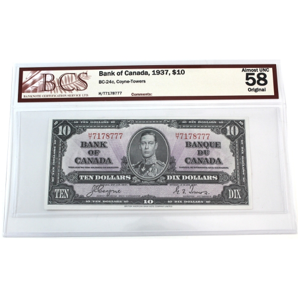 BC-24c 1937 $10 BCS AU58 Original Coyne-Towers SN:H/T7178777