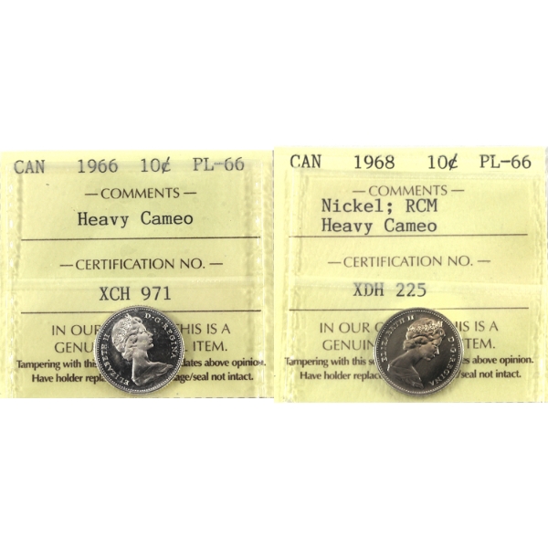 10-cent 1966 & 1968 Nickel RCM Logo Heavy Cameo ICCS PL66. 2pcs.