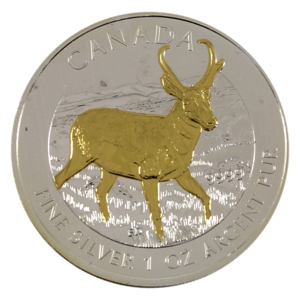 1oz 2013 $5 Antelope .9999 Fine Silver Round w/ Selective Gold Plating (Tax Exempt)