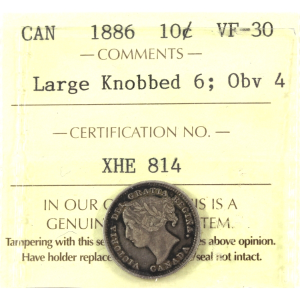 10-cent 1886 Large Knobbed 6 Obverse 4 ICCS VF30