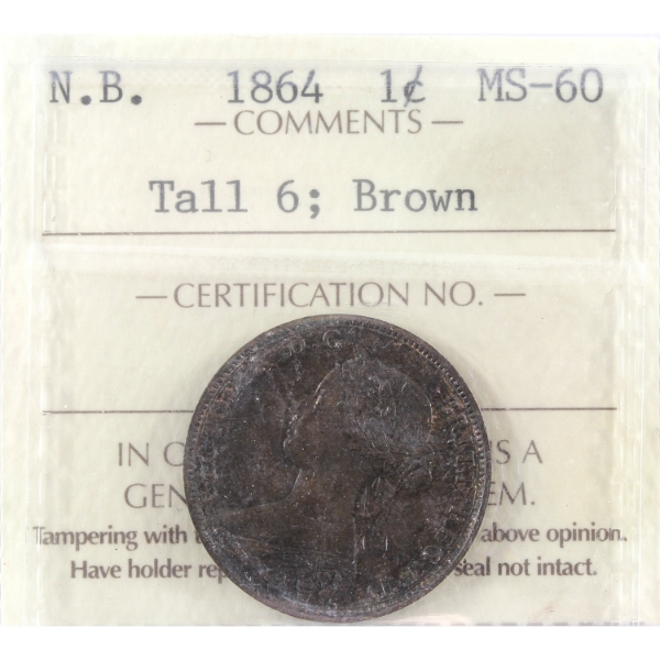 New Brunswick 1-cent 1864 Tall 6 ICCS MS60 Brown