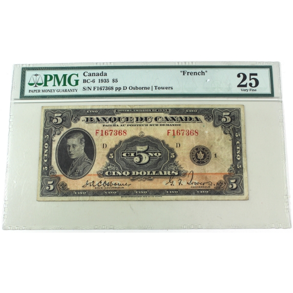 BC-6 1935 $5 French PMG VF25 Osborne-Towers SN: F167368 pp D 
