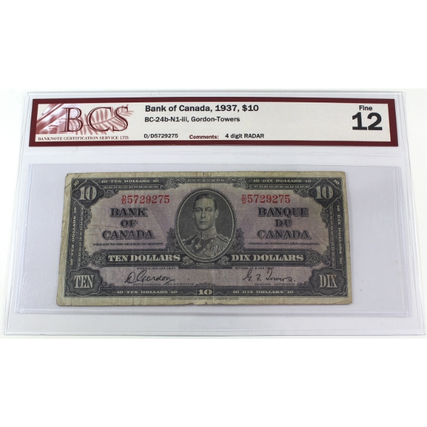 RADAR BC-24b-N1-iii 1937 $10 4 Digit RADAR BCS F12 Gordon-Towers SN: D/D5729275