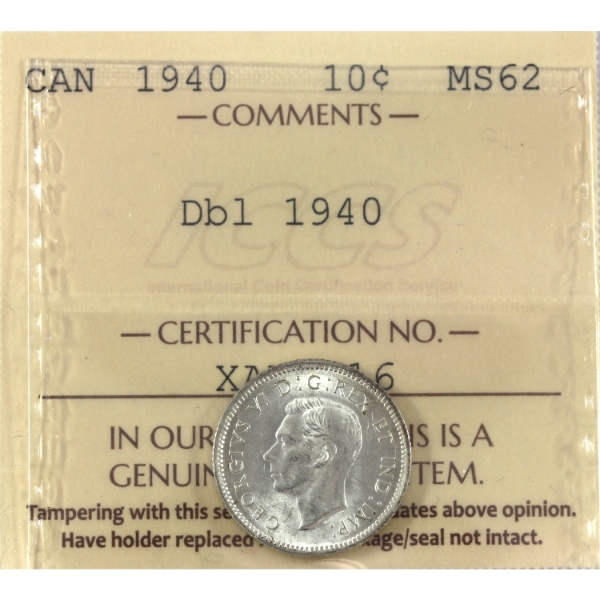 10-cent 1940 Double 1940 Re-Engraved ICCS MS62