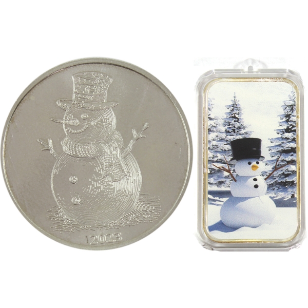 2x 1oz Snowman .999 Fine Silver Bar & Round. 2pcs (Tax Exempt)