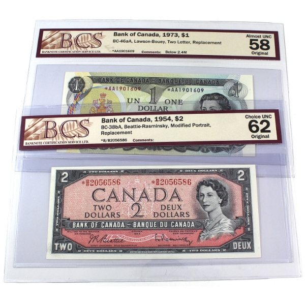BC-38bA 1954 $2 CUNC62 & BC-46aA 1973 $1 BCS AU58 Original Replacement Notes. 2pcs.