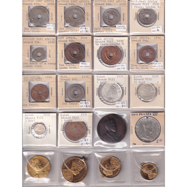 Bulk Lot of World 1936 & 1937 Coins & King Edward VIII Coronation Medals. 20pcs.