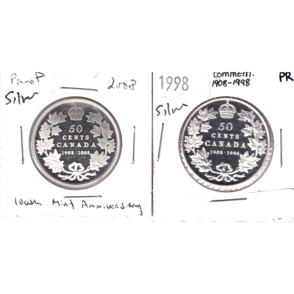 2x 50-cent 1998 (1908-1998) Commemorative Silver PR, & 2008 RCM 100th Ann. Silver Proof. 2pcs.