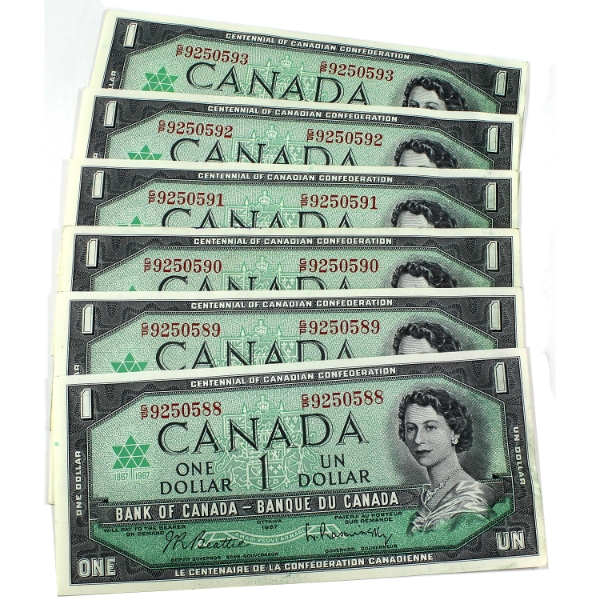 6x BC-45b-i 1967 $1 Consecutive Beattie-Rasminsky SN: G/P9250588-"93. 6pcs.
