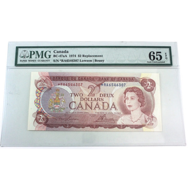 BC-47aA 1974 $2 *RA Replacement PMG GEM UNC65 EPQ Lawson-Bouey SN: *RA6546307