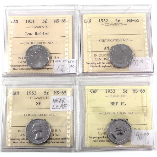 5-cent 1951 Low Relief, 1952, 1953 SF Near Leaf & NSF FL ICCS MS65. 4pcs