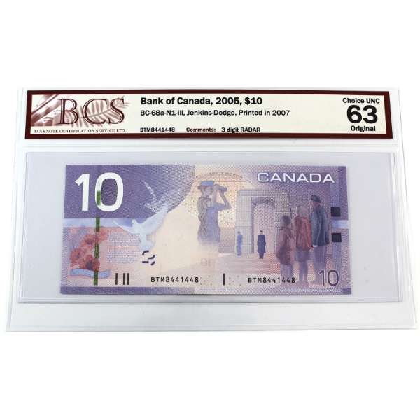 RADAR BC-68a-N1-iii 2005 $10 3 digit RADAR BCS CUNC63 Original Jenkins-Dodge, Printed in 2007 