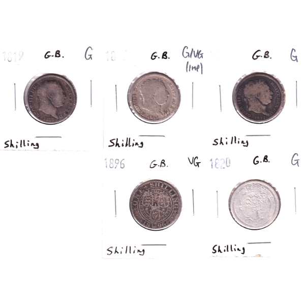Group Lot of Great Britain Silver 1817-1896 Shilling G to VG. 5pcs.