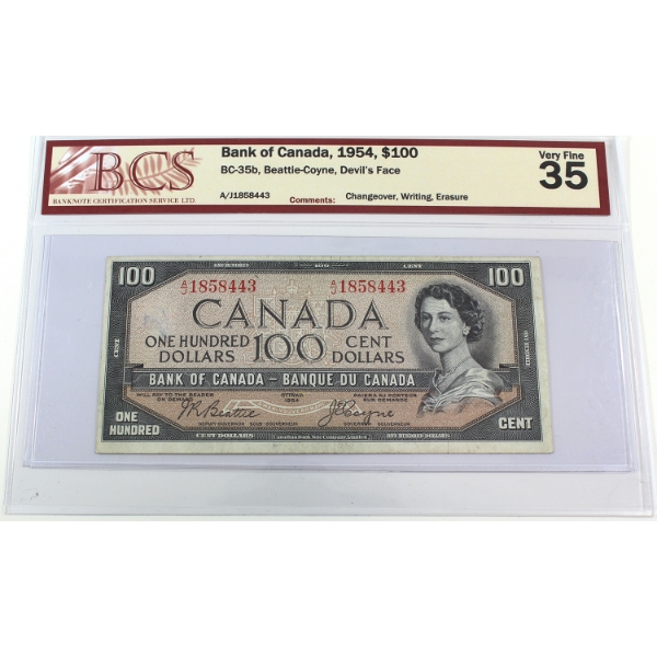 BC-35b 1954 $100 Devil's Face BCS VF35 Beattie-Coyne Changeover SN: A/J1858443