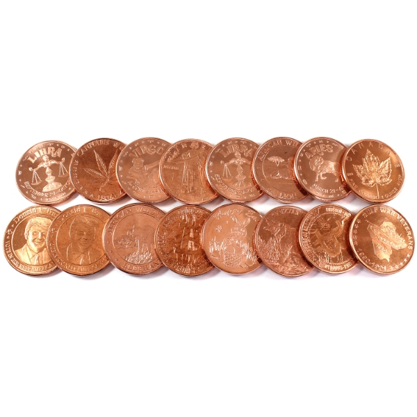 16x 1oz Assorted .999 Fine Copper Rounds in Tube, Some Duplicates. 16pcs.
