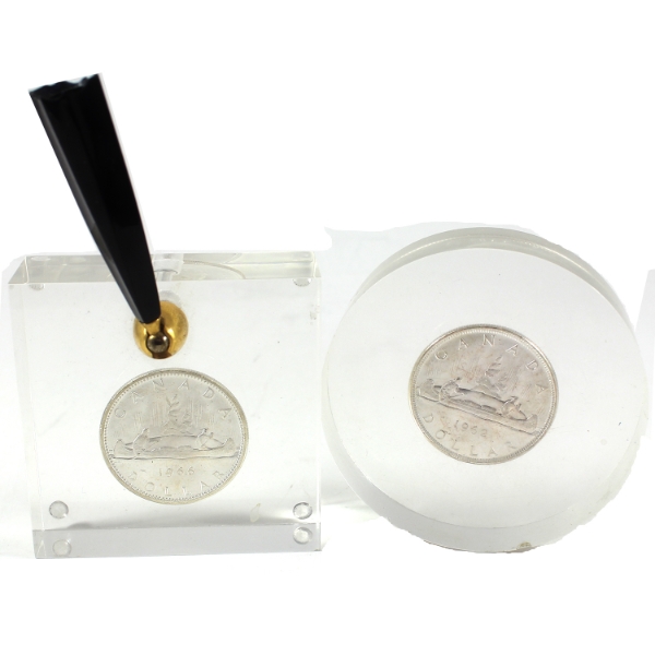 Lot of 2 Lucite Acrylic w/ 1962 & 1966 Silver $1 Coins. 2pcs