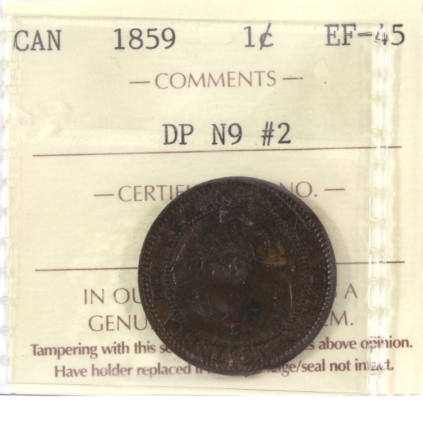 1-cent 1859 DP N9 #2 ICCS EF45