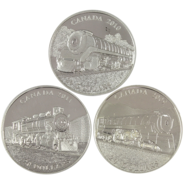 2009-2011 $20 Great Canadian Locomotives 1oz .9999 Fine Silver Coins. 3pcs. (Tax Exempt)
