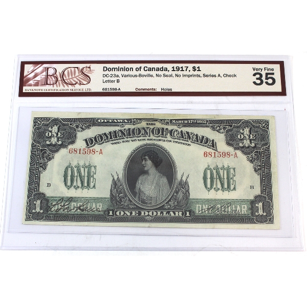 DC-23a 1917 $1 VF35 Various-Boville No Seal No Imprints Series A Check Letter B SN: 681598-A (holes)