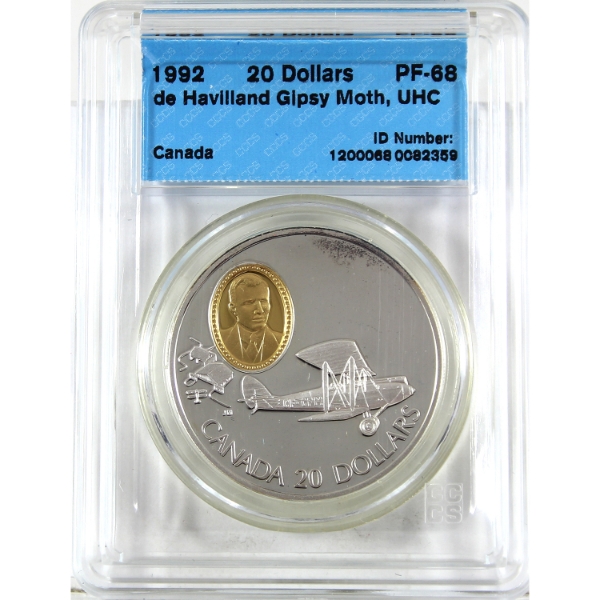 1992 $20 Aviation #1 Powered Flight - The First 50 Years: de Havilland Gipsy Moth Coin CCCS PF68