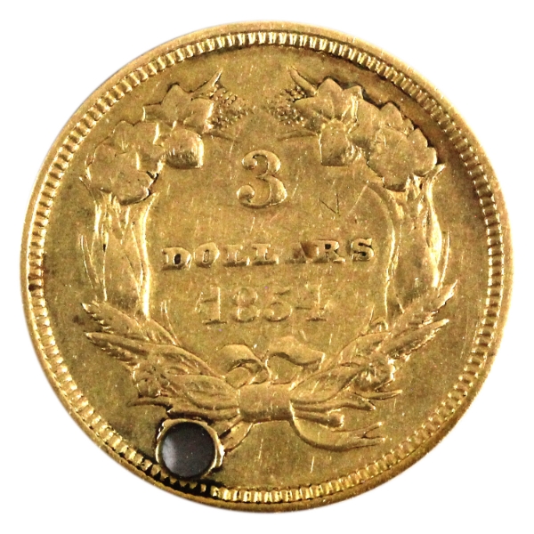 USA Gold 1854 Indian Princess Head $3 VF-EF (Hole)