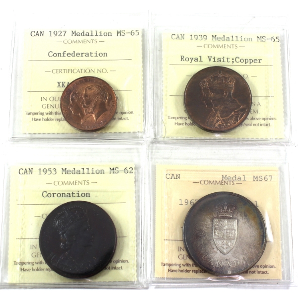 Canada 1927-1967 Lot of Commemorative Medallions ICCS MS62 to MS67. 4pcs