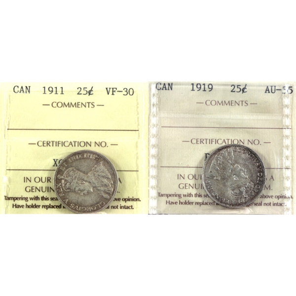 25-cent 1911 VF30 & 1919 AU55 ICCS. 2pcs