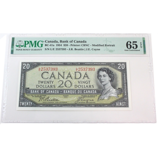 BC-41a 1954 $20 PMG GEM UNC65 EPQ Beattie-Coyne SN: L/E2537393