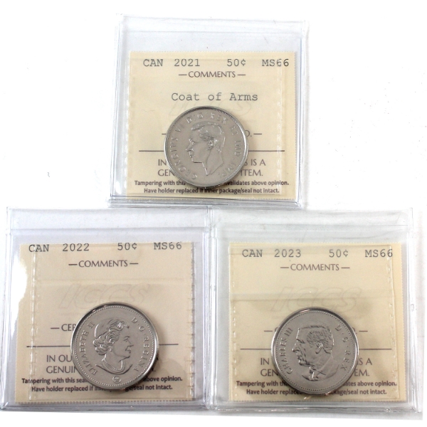 50-cent 2021 Coat of Arms, 2022 & 2023 ICCS MS66. 3pcs. 