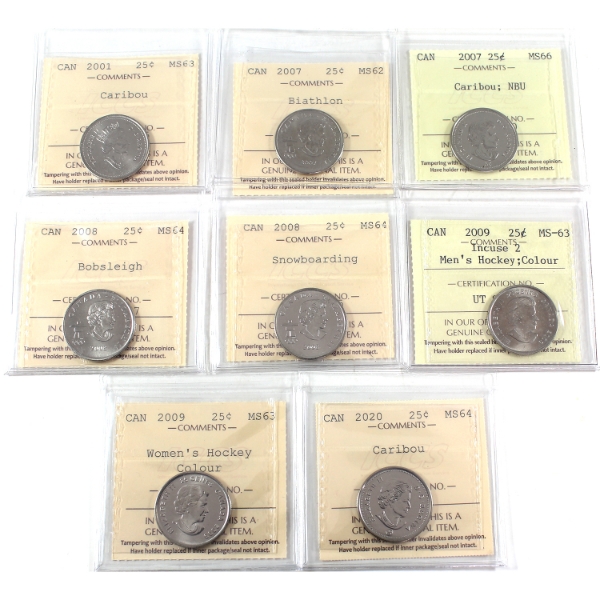 25-cent 2001-2020 ICCS MS62 to MS66. 8pcs.