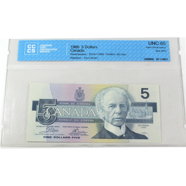 BC-56a-i 1986 $5 CCCS GEM UNC65 Crow-Bouey Blue BPN SN: EOV4117883