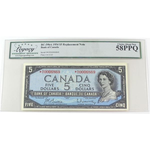 BC-39bA 1954 $5 Legacy Choice AU58 PPQ Beattie-Rasminsky *N/X Replacement SN: *N/X0006869