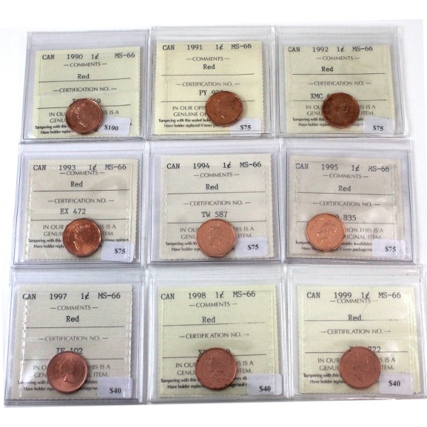 1-cent 1990, 1991, 1992, 1993, 1994, 1995, 1997, 1998 & 1999 ICCS MS66 Red. 9pcs