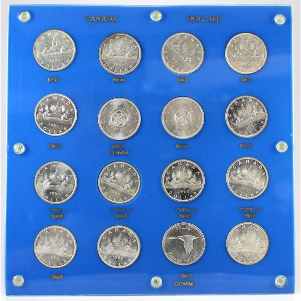 1959-1967 Canada Silver Dollars in vintage custom holder. 16pcs