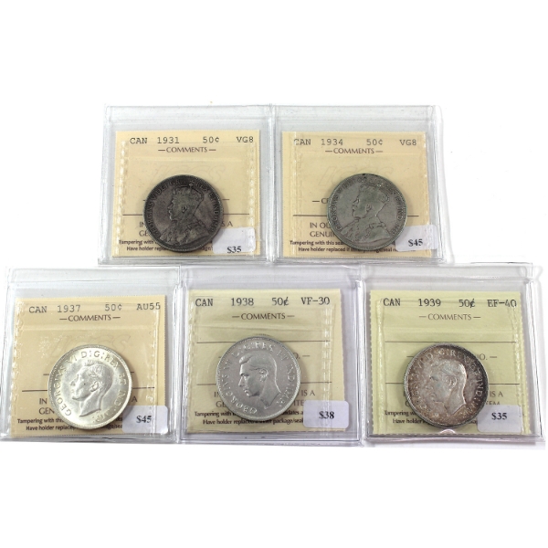 50-cent 1931 VG8, 1934 VG8, 1937 AU55, 1938 VF30 & 1939 EF40. 5pcs