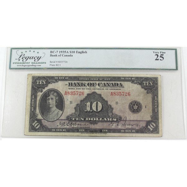 BC-7 1935A $10 English Legacy VF25 Osborne-Towers SN: A835726 ppB 