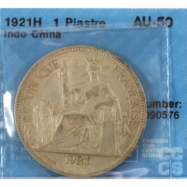 French Indo-China Silver 1921H 1 Piastre CCCS AU50