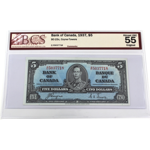 BC-23c 1937 $5 BCS AU55 Original Coyne-Towers SN: Z/C5037718